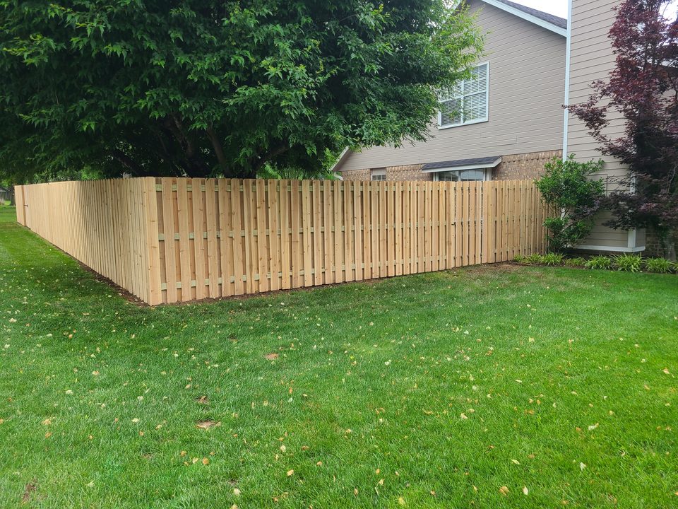 Shadowbox cedar privacy fence along a maintained backyard in Northwest Arkansas